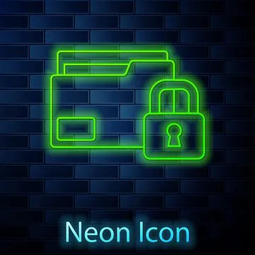 Glowing neon line Folder and lock icon isolated on brick wall background. Closed Stock Illustration