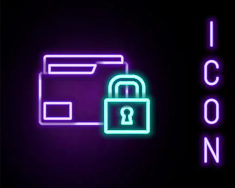 Glowing neon line Folder and lock icon isolated on black background. Closed Stock Illustration