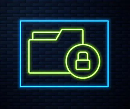 Glowing neon line Folder and lock icon isolated on brick wall background. Closed Stock Illustration