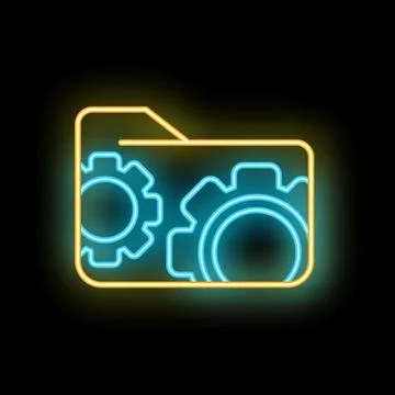 Glowing neon line folder and gear icon isolated on black background. Concept  Stock Illustration