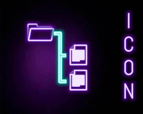 Glowing neon line Folder tree icon isolated on black background. Computer Illustrazione stock
