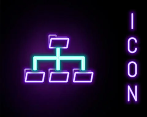 Glowing neon line Folder tree icon isolated on black background. Computer Stock Illustration
