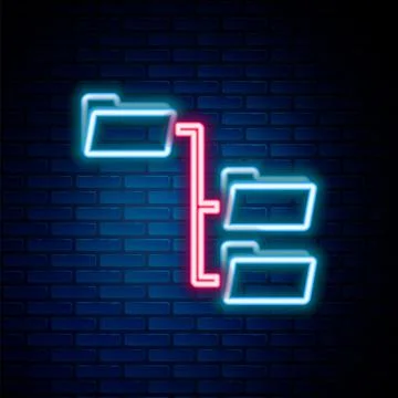 Glowing neon line Folder tree icon isolated on brick wall background. Computer Illustrazione stock