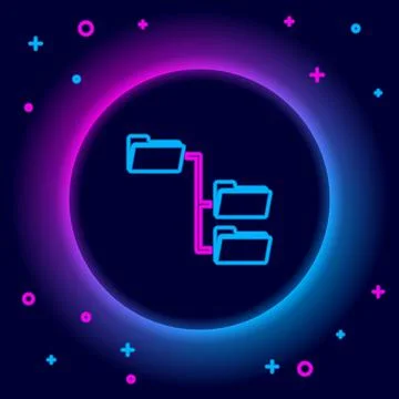 Glowing neon line Folder tree icon isolated on black background. Computer Illustrazione stock