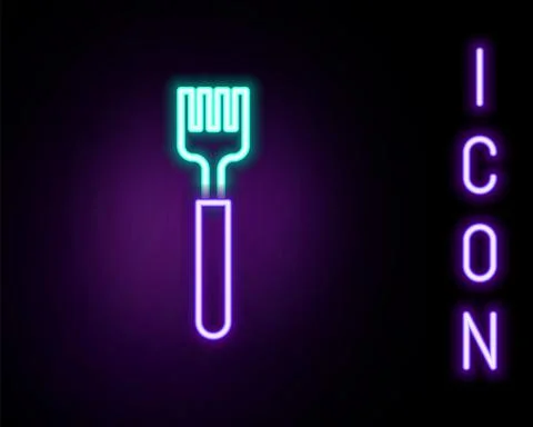 Glowing neon line Fork icon isolated on black background. Cutlery symbol Illustrazione stock