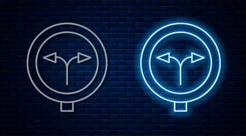 Glowing neon line Fork in the road icon isolated on brick wall background. .. Ilustração Stock