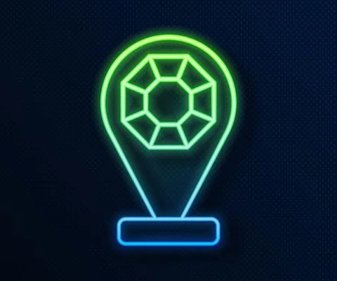 Glowing neon line Front facade building jewelry store icon isolated on blue Ilustración de archivo