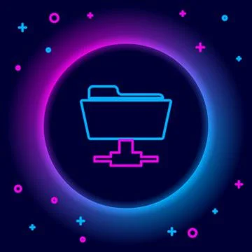 Glowing neon line FTP folder icon isolated on black background. Software update Stock Illustration