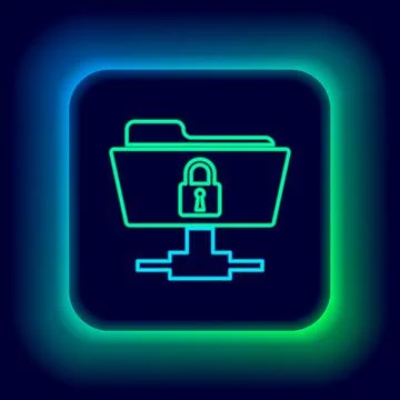 Glowing neon line FTP folder and lock icon isolated on black background. Concept Stock Illustration