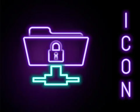 Glowing neon line FTP folder and lock icon isolated on black background. Concept Stock Illustration