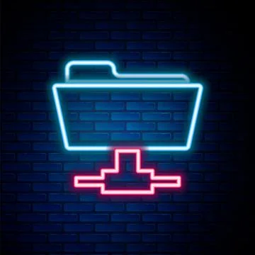 Glowing neon line FTP folder icon isolated on brick wall background. Software Stock Illustration