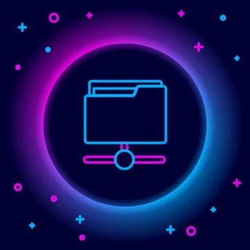 Glowing neon line FTP folder icon isolated on black background. Software update Stock Illustration