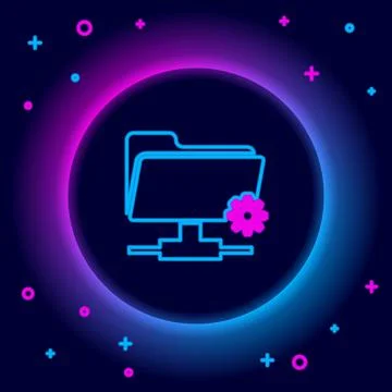 Glowing neon line FTP settings folder icon isolated on black background Stock Illustration