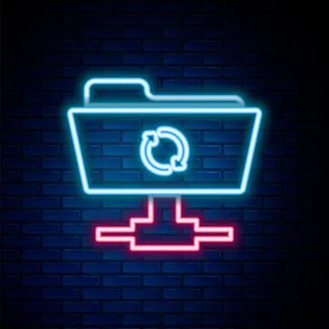 Glowing neon line FTP sync refresh icon isolated on brick wall background Stock Illustration