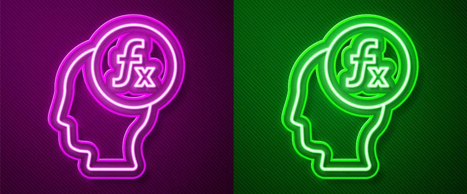 Glowing neon line Function mathematical symbol icon isolated on purple and green Illustrazione stock