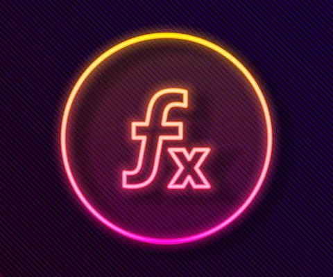 Glowing neon line Function mathematical symbol icon isolated on black background Illustrazione stock