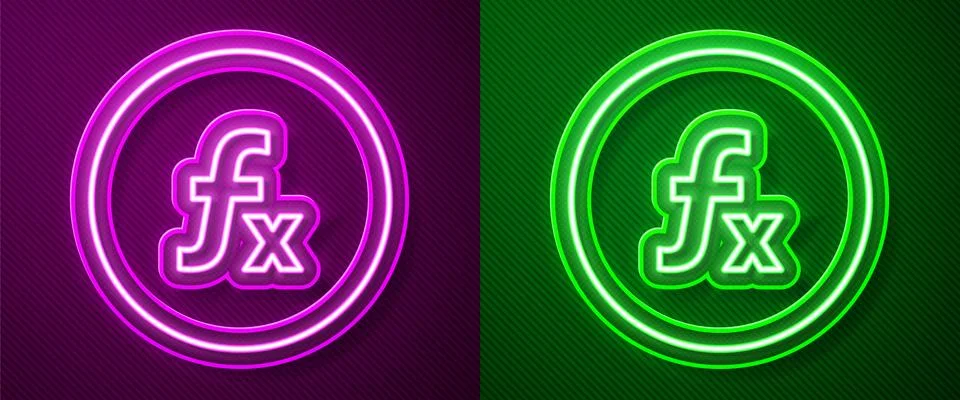 Glowing neon line Function mathematical symbol icon isolated on purple and green Stock Illustration
