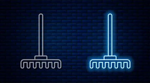 Glowing neon line Garden rake icon isolated on brick wall background. Tool .. Stock Illustration