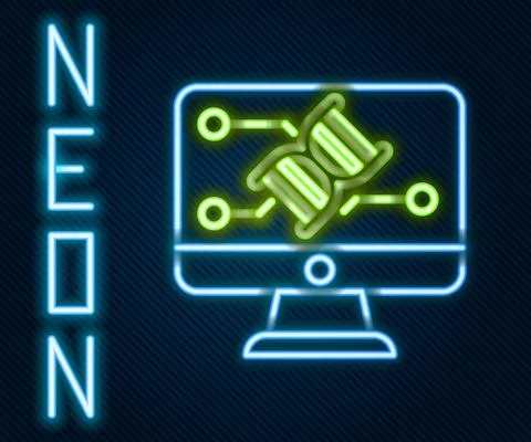 Glowing neon line Genetic engineering modification on monitor icon isolated on Illustrazione stock