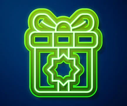 Glowing neon line Gift box icon isolated on blue background. Holy month, Rama Stock Illustration