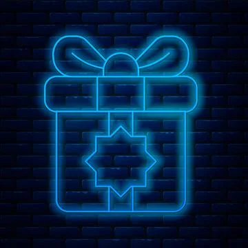 Glowing neon line Gift box icon isolated on brick wall background. Holy month Stock Illustration