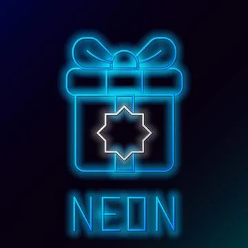 Glowing neon line Gift box icon isolated on black background. Holy month, Ram Stock Illustration