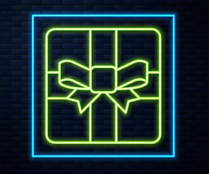 Glowing neon line Gift box icon isolated on brick wall background. Valentin.. Illustrazione stock