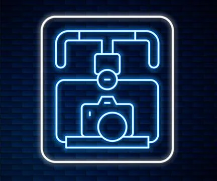 Glowing neon line Gimbal stabilizer with DSLR camera icon isolated on brick w Stock Illustration
