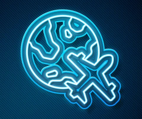 Glowing neon line Globe with flying plane icon isolated on blue background Stock Illustration