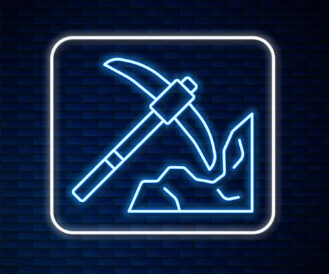 Glowing neon line Gold mining icon isolated on brick wall background. Vector Stock Illustration