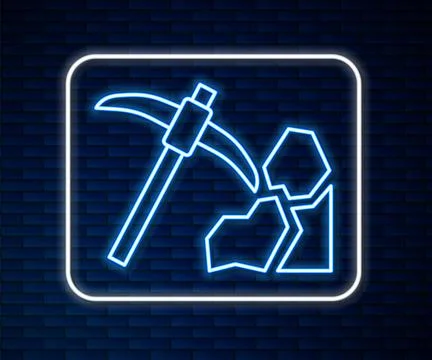 Glowing neon line Gold mining icon isolated on brick wall background. Vector Stock Illustration