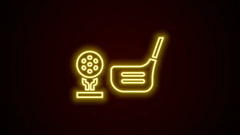 Glowing neon line Golf flag and golf ball on tee icon isolated on black Video stock 142486546