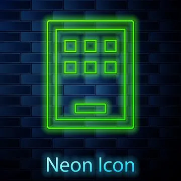 Glowing neon line Graphic tablet icon isolated on brick wall background. Vect Stock Illustration