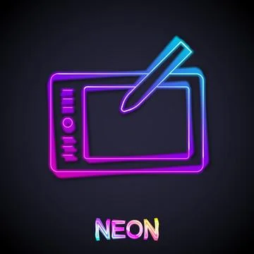 Glowing neon line Graphic tablet icon isolated on black background.  Vector Stock Illustration