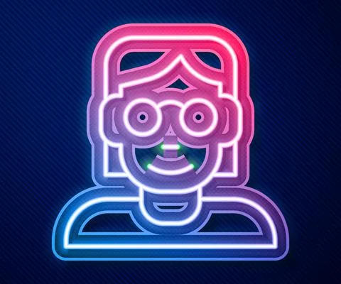 Glowing neon line Hacker or coder icon isolated on blue background. Programmer Stock-Illustration