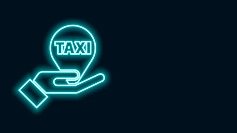 Glowing neon line Hand on map pointer with taxi icon isolated on black Video stock 141767108