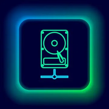 Glowing neon line Hard disk drive on sharing network icon isolated on black Stock Illustration