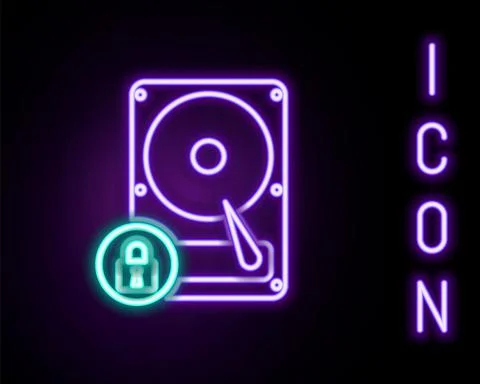 Glowing neon line Hard disk drive and lock icon isolated on black background Stock Illustration