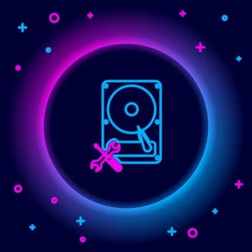 Glowing neon line Hard disk drive with screwdriver and wrench icon isolated on Stock Illustration
