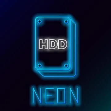 Glowing neon line Hard disk drive HDD icon isolated on black background Stock Illustration