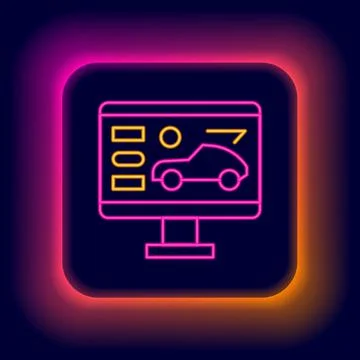 Glowing neon line Hardware diagnostics condition of car icon isolated on black Illustrazione stock