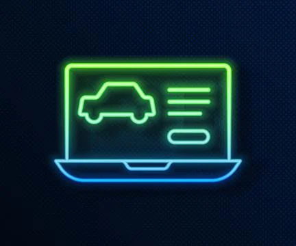 Glowing neon line Hardware diagnostics condition of car icon isolated on blue Stock Illustration