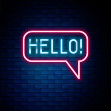 Glowing neon line Hello in different languages icon isolated on brick wall .. Stock Illustration