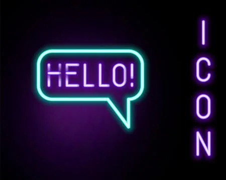 Glowing neon line Hello in different languages icon isolated on black backg.. Stock Illustration