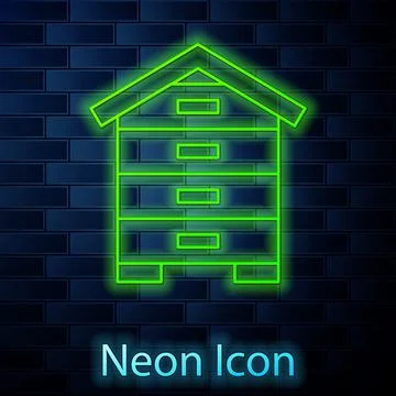 Glowing neon line Hive for bees icon isolated on brick wall background. Beehive Illustrazione stock