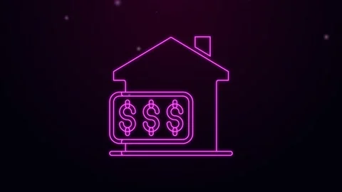 Glowing neon line House with dollar symbol icon isolated on black background Stock Footage 159296546