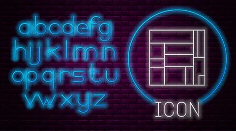 Glowing neon line House Edificio Mirador icon isolated on brick wall background Иллюстрация