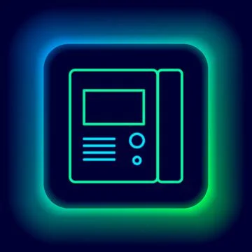 Glowing neon line House intercom system icon isolated on black background Stock Illustration