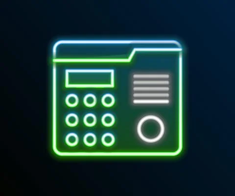 Glowing neon line House intercom system icon isolated on black background Illustrazione stock