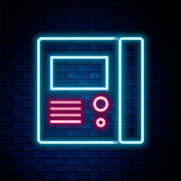 Glowing neon line House intercom system icon isolated on brick wall background Illustrazione stock
